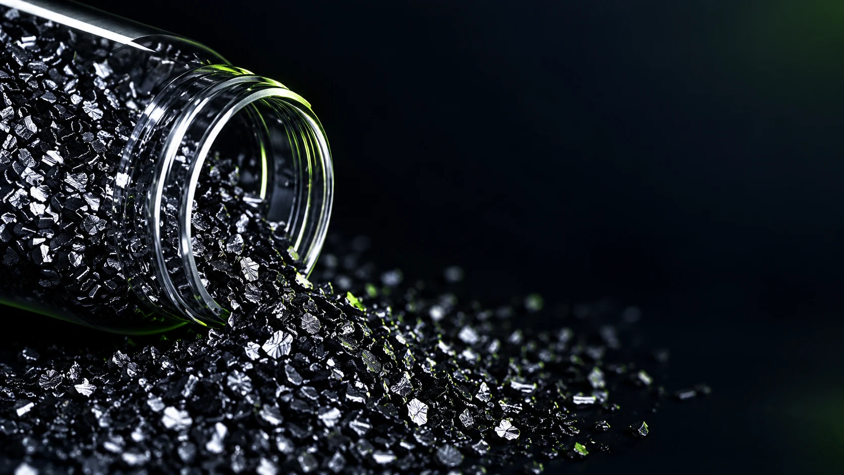 Illustrative close-up of graphite granules spilling from a dark vessel