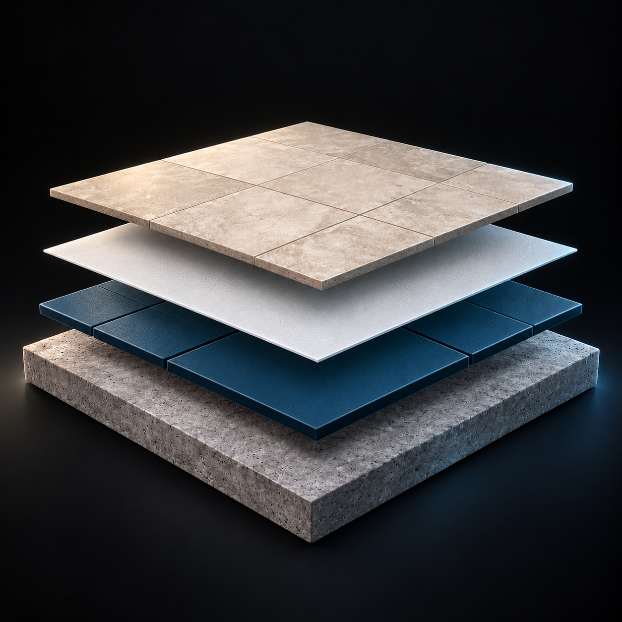 Illustrative exploded view of tile, waterproofing and heating module floor layers
